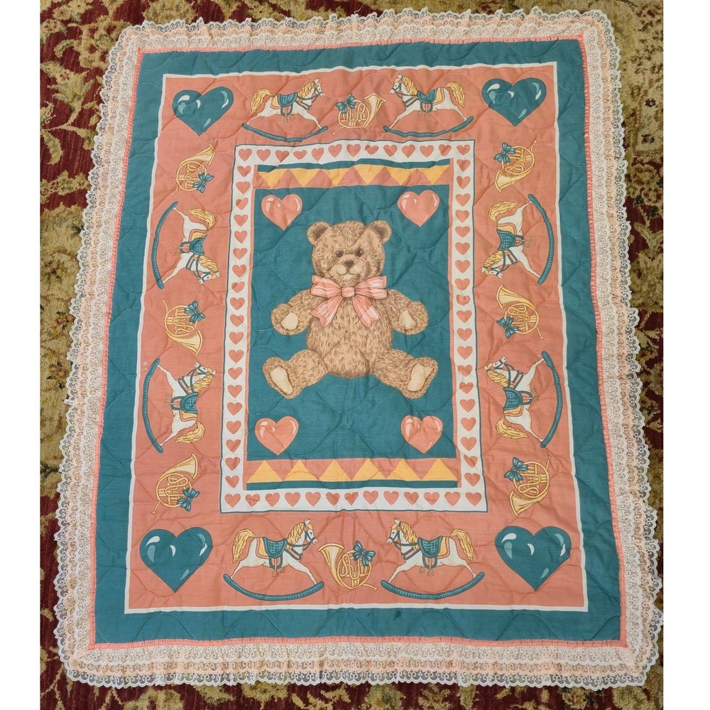 Vintage Quilted Baby Blanket Teddy Bear Rocking Horse Lace Trim Peach Blue